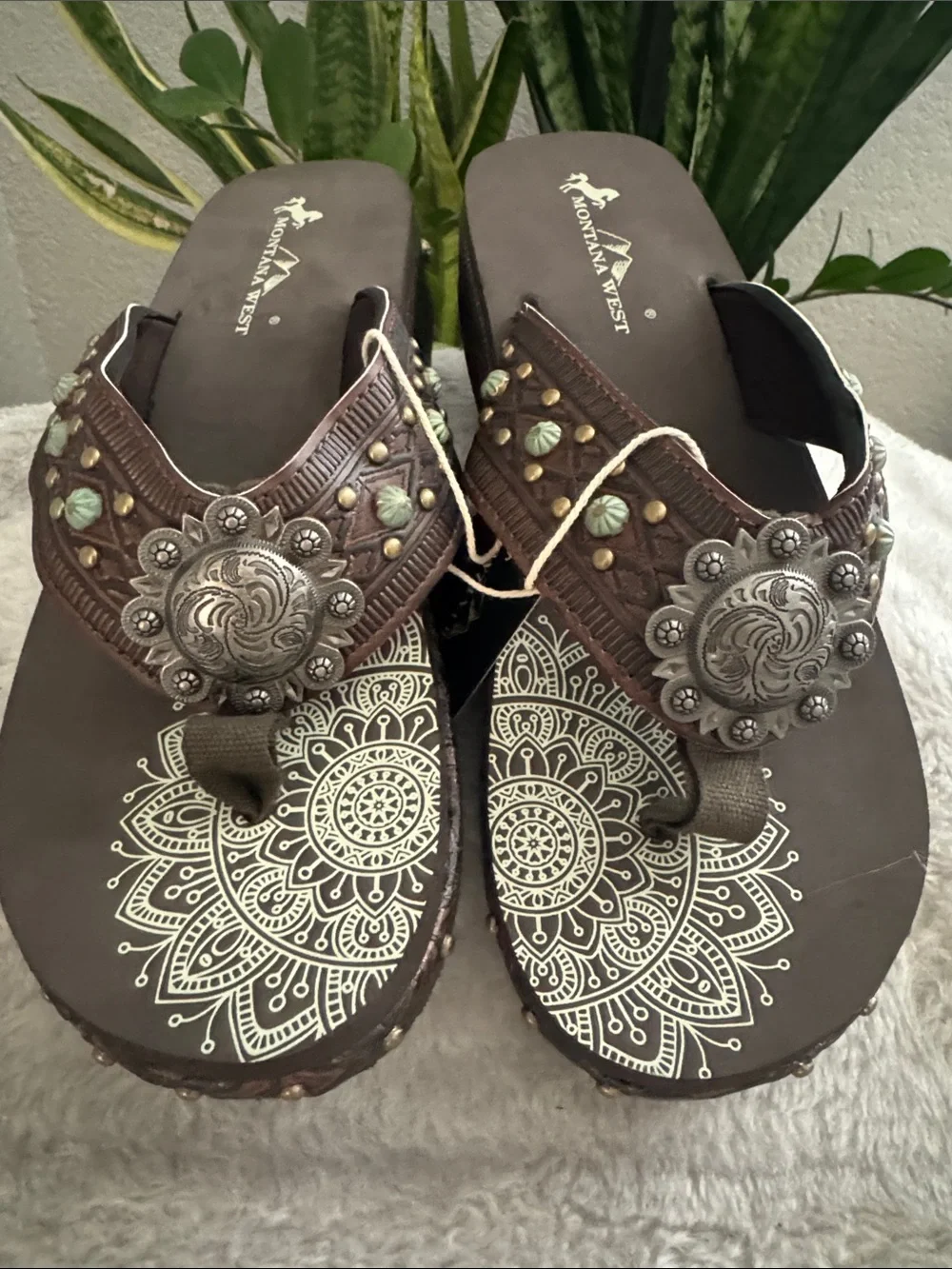 Montana West Brown Wedge Sandal with Metal Embellishments - Size 11